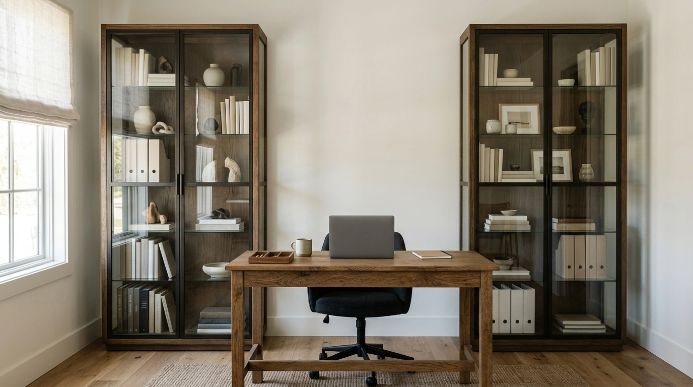 2 Glass-Door Display Cabinets for a Home Office Setup
