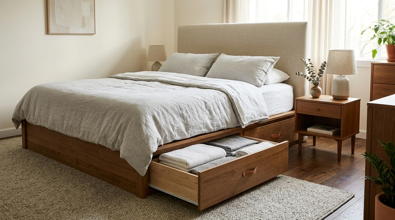 King Storage Platform Bed: Drawers + Tall Upholstered Headboard