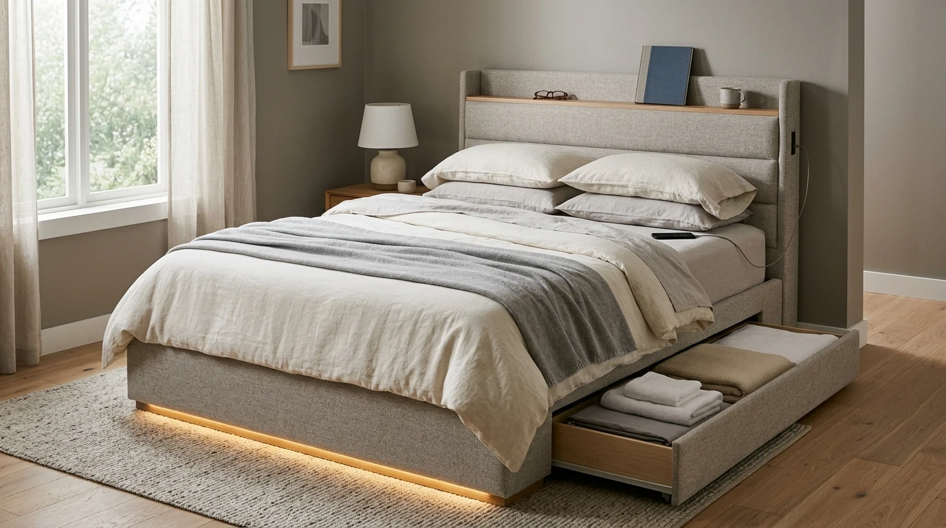 LED Upholstered Queen Bed: Drawers, Storage & Charging