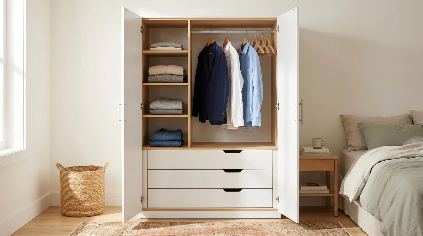 Modern White Wardrobe Cabinet: Doors, Rod, Shelves & Drawers