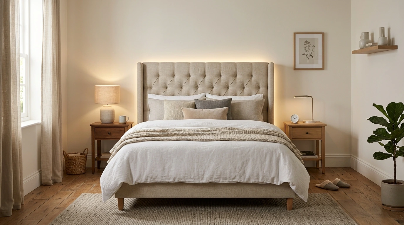 Queen LED Bed Frame: Tall Tufted Headboard + LEDs