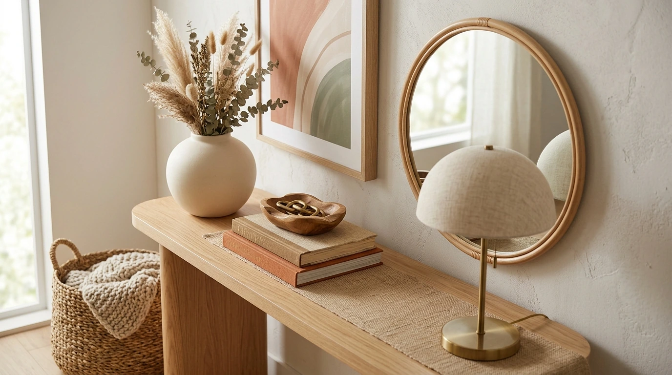 Console Table Decor Trends: Warm Naturals & Soft Curves