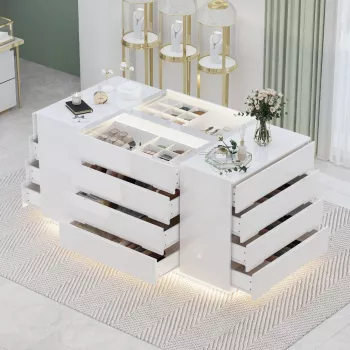 Lighted Glass Display Cabinet w/ Drawers: 16-Drawer Guide